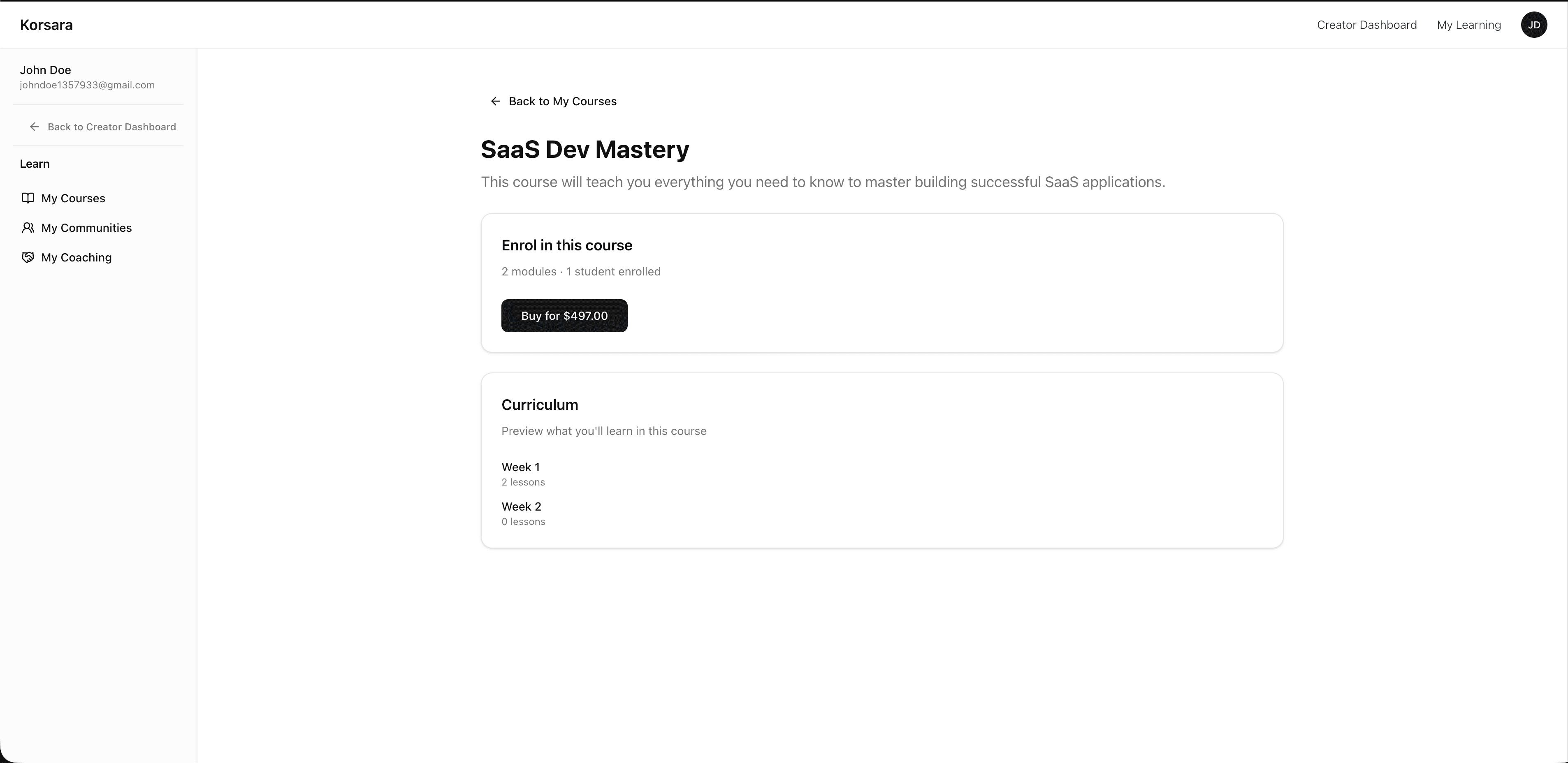 Korsara student course landing page