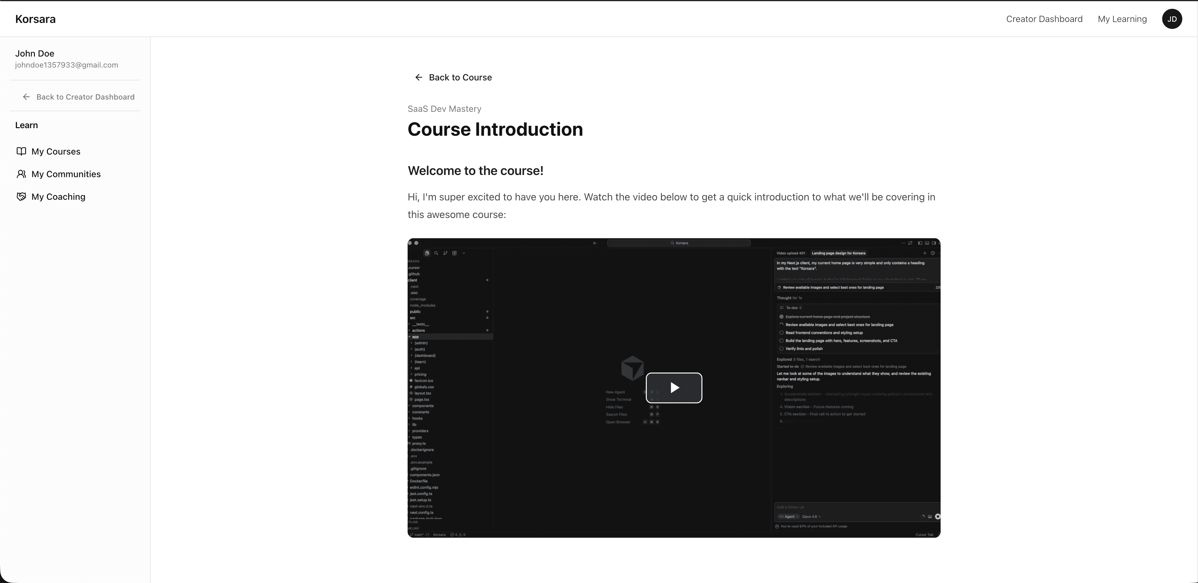 Korsara lesson player with text and video